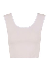 Top scurt de culoare bej deschis, cu decolteu rotund, bretele late și finisaj alb contrastant. Textură netedă și design ajustat.