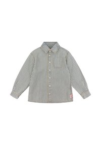 Lange mouwen kindhemd met verticale blauw en witte strepen, knopen aan de voorkant, borstzak en een klein merketiket nabij de zoom.