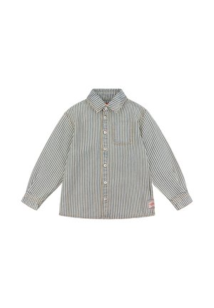 Lange mouwen kindhemd met verticale blauw en witte strepen, knopen aan de voorkant, borstzak en een klein merketiket nabij de zoom.