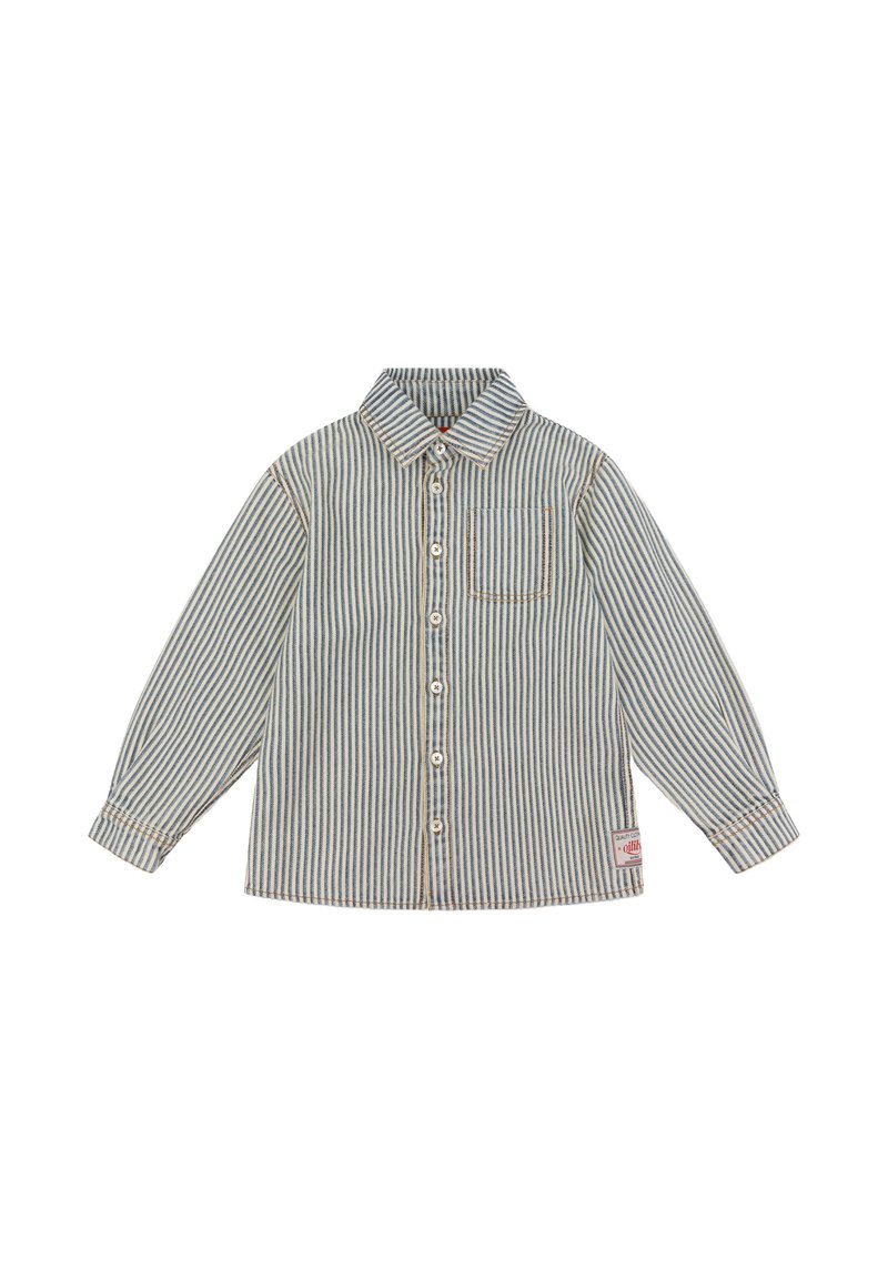 Lange mouwen kindhemd met verticale blauw en witte strepen, knopen aan de voorkant, borstzak en een klein merketiket nabij de zoom.