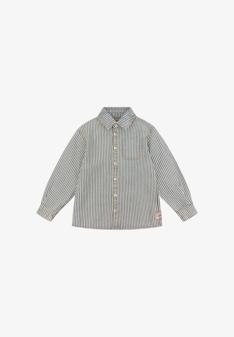 Lange mouwen kindhemd met verticale blauw en witte strepen, knopen aan de voorkant, borstzak en een klein merketiket nabij de zoom.
