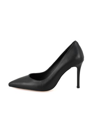 Black leather high-heeled pump with a pointed toe, minimal design, smooth texture, and a slender stiletto heel.