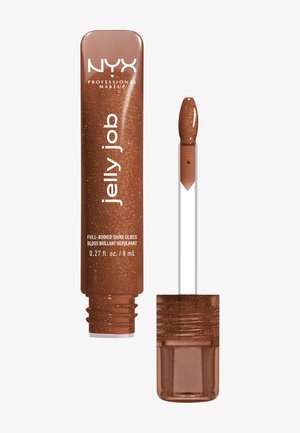 NYX Jelly Job Vollglanz-Gloss in einem schimmernden braunen Röhrchen mit goldenen Glitzerelementen. Verfügt über einen transparenten Applikatorstift für eine einfache Anwendung.