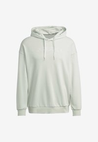 Helle grüne Kapuzenjacke mit lockerer Passform, Kordelzugkapuze und gerippten Bündchen. Sie verfügt über ein dezentes Logo in einem helleren Farbton auf der Brust.