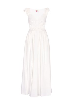 Rochie maxi albă cu mâneci scurte volanate, detaliu răsucit în față, talie adunată și fustă fluidă.