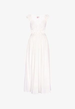 Weißes Maxikleid mit gerafften Cap-Ärmeln, verdrehtem Frontdetail, geraffter Taille und fließendem Rock.