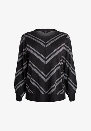 Czarny sweter z srebrnymi pasami w kształcie chevron, z dekoltem w kształcie litery V, długimi rękawami i ściągaczem u dołu. Wykonany z teksturowanej dzianiny.