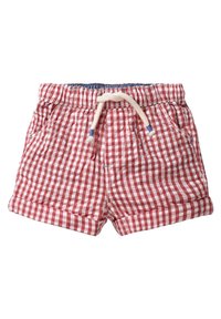 Pantalones cortos de cuadros rojos y blancos con cintura elástica y cordón. Presentan bolsillos laterales y un dobladillo enrollado. Tela de algodón, diseño informal.