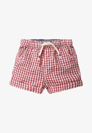 Pantaloni corti a quadretti rossi e bianchi con vita elastica e cordoncino. Caratterizzati da tasche laterali e orlo arrotolato. Tessuto in cotone, design casual.