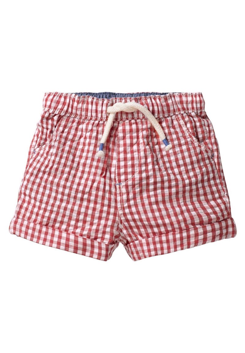 Pantalones cortos de cuadros rojos y blancos con cintura elástica y cordón. Presentan bolsillos laterales y un dobladillo enrollado. Tela de algodón, diseño informal.