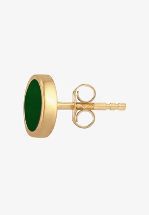 Gouden steker met een ronde groene emaille voorkant en vlinderachterkant, gemerkt "925" wat duidt op sterling zilver legering.