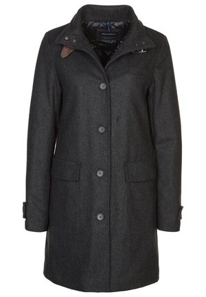 Manteau en mélange de laine gris foncé avec fermeture boutonnée, poches à rabat et col ajustable avec détail en cuir à bascule.