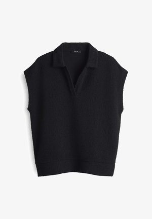 Zwarte, mouwloze pullovertop van een gestructureerde stof, met een kraag en een V-halslijn, gestuctureerde zoom en zonder zichtbare sluitingen.