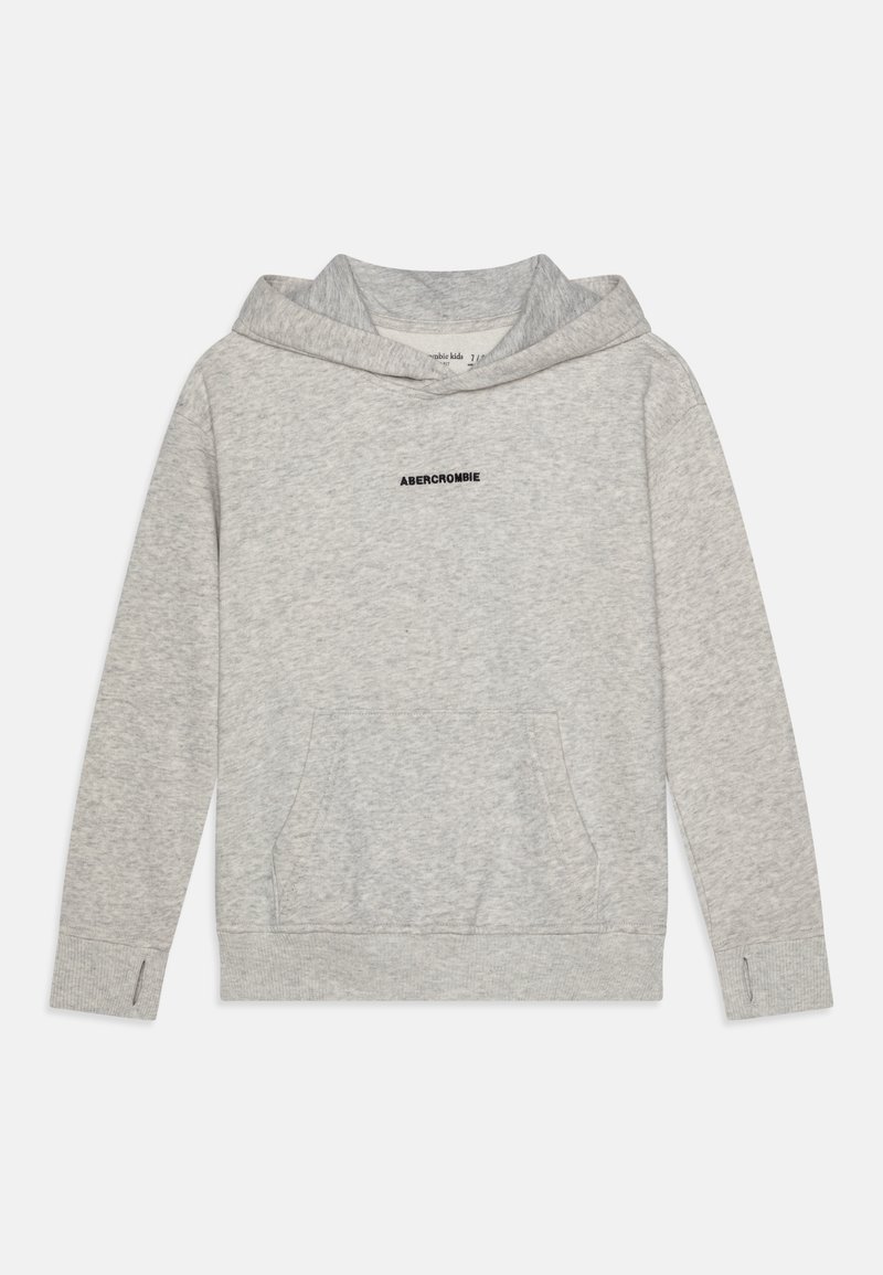 Szürke kapucnis pulóver, puha anyagból készült, kenguru zsebbel, bordás mandzsettákkal és hímzett "ABERCROMBIE" logóval a mellkasán.