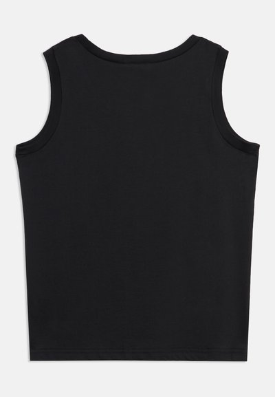 Μαύρο αμάνικο τοπ με στρογγυλή λαιμόκοψη, με απλό σχέδιο, λεία υφή και κανονικό τελείωμα, εμφανιζόμενο επίπεδο από πίσω.