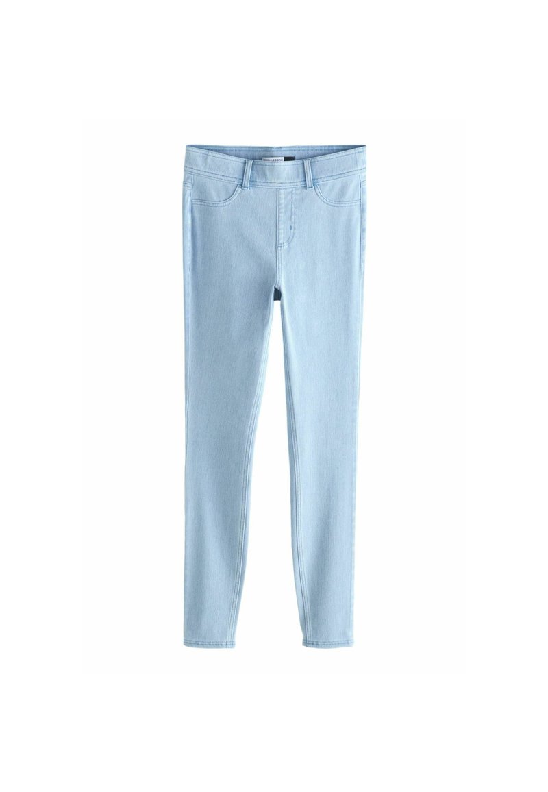 Jeans ajustados de color azul claro, confeccionados en denim con una textura suave. Presentan cinco bolsillos, presillas para cinturón y una cremallera en la bragueta. Sin patrones visibles.