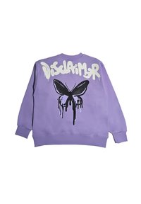 Felpa lavanda con testo "Disclaimer" in stile graffiti bianco e un grande grafico di una farfalla nera che gocciola sul retro.