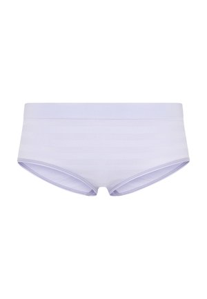 Un sous-vêtement boyshort violet clair avec une texture de tissu lisse et un motif à rayures horizontales sur la surface. Ceinture élastique incluse.
