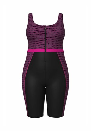 Eénstuk zwempak met een paarse en zwarte ontwerp, voorzien van gestippelde patronen, een ritssluiting aan de voorkant en effen zwarte short.