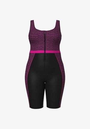 Jednodílné plavky s fialovo-černým designem, zdobené tečkovanými vzory, předním zipem a jednobarevnými černými šortkami.