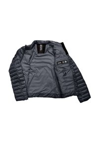 Giacca nera imbottita con un'esterno liscio, dotata di un alto colletto, polsini a coste e etichetta del logo interna. Include icone per la cura e il materiale.