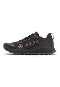 Zwarte Gore-Tex trailrun schoen met een gestructureerde zool, vetersluiting en een trekhaak op de hiel, getoond in zijprofiel.