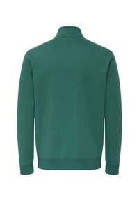 Felpa a maniche lunghe verde scuro con polsini e orlo a coste, vista dall'indietro con colletto alto e texture del tessuto liscia.