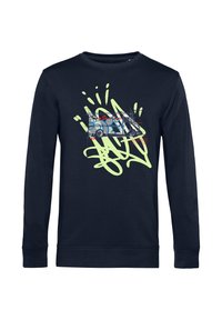 Felpa a maniche lunghe blu navy con una grafica in stile graffiti che presenta un furgone e schizzi verdi. Realizzata in morbido tessuto di cotone.