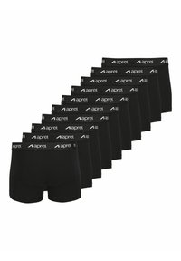 Schwarze Boxershorts für Männer mit elastischem Bund und "aprel"-Logo, einheitliches Design und glatte Textur; in einer Reihe angeordnet.