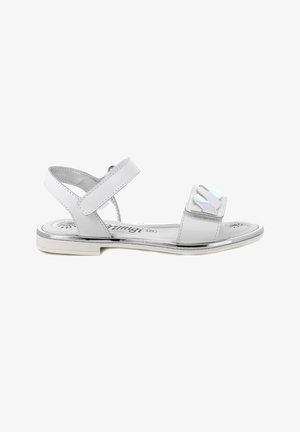 Sandaletto bianco con cinturino alla caviglia regolabile e dettaglio decorativo iridescente sulla fascia anteriore, bordatura argento sulla suola.