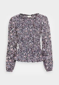 Blusa com padrão floral em tecido escuro, com corpete franzido, mangas longas e bufantes, e decote com babados. Acentos multicoloridos sobre fundo preto.