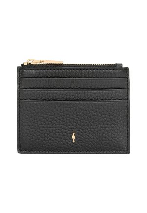 Czarny teksturowany skórzany uchwyt na karty z czterema przegródkami na karty, złotym suwakiem w górnej komorze i małym złotym emblematem ptaka z przodu.