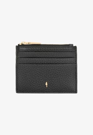 Czarny teksturowany skórzany uchwyt na karty z czterema przegródkami na karty, złotym suwakiem w górnej komorze i małym złotym emblematem ptaka z przodu.