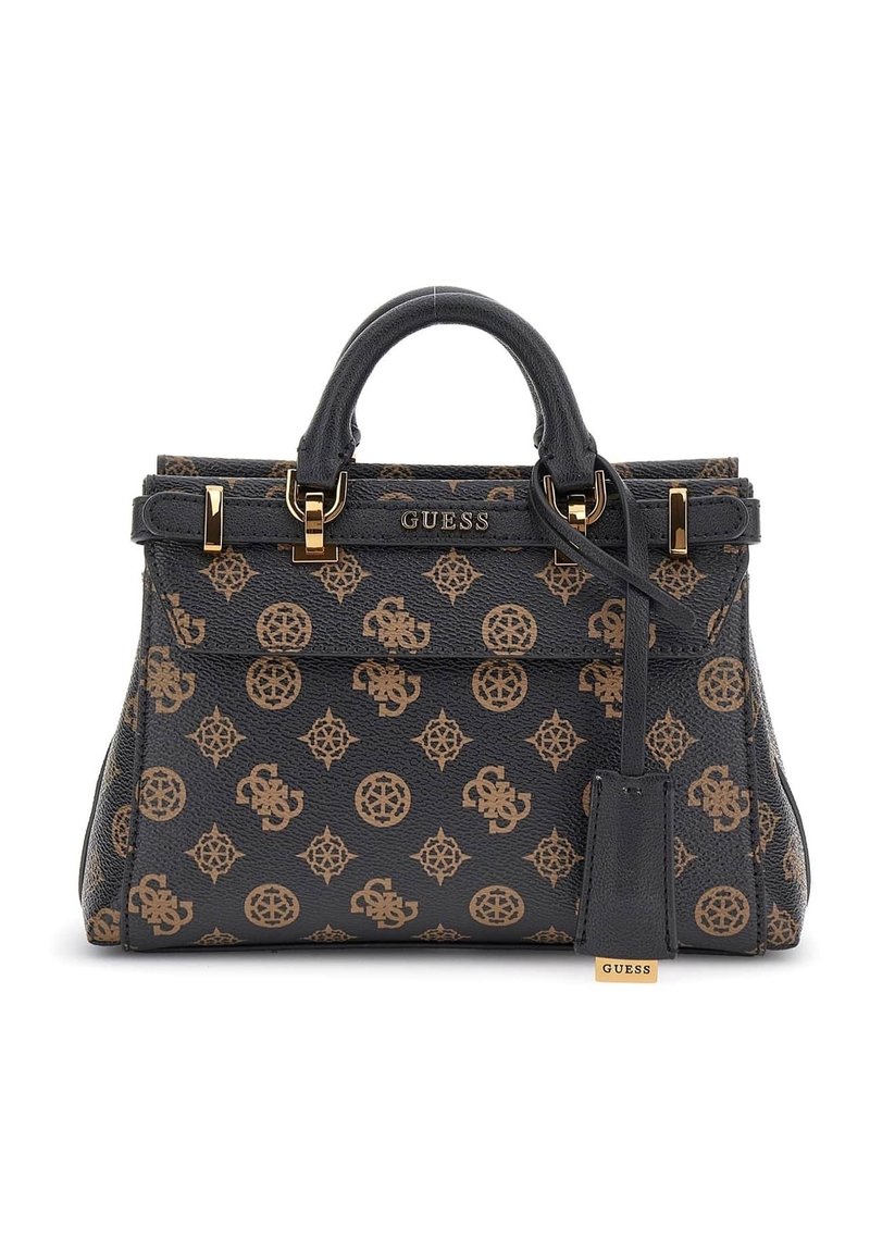 Sac à main en simili cuir noir avec un motif monogramme intégral marron, des accents en métal doré et une sangle amovible.