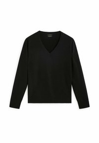 Black v-neck sweater made of soft fabric. Long sleeves, fitted design, ribbed hem and cuffs. Smooth texture without visible patterns or accents.