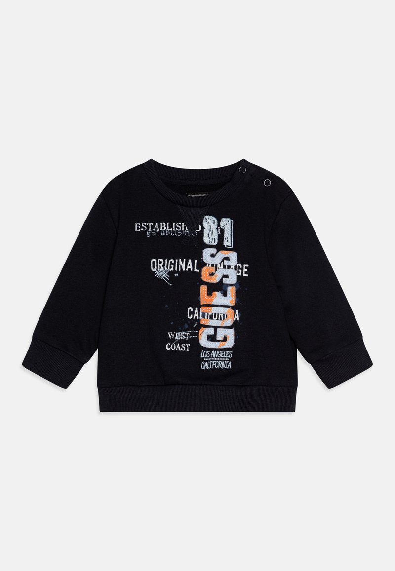 Sudadera negra de manga larga, con texto gráfico y números en azul, naranja y blanco. Incluye botones en los hombros para facilitar el vestir.