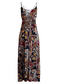 Robe maxi à fines bretelles, en tissu noir avec un motif paisley multicolore aux teintes jaunes, rouges et blanches, taille cintrée et jupe fluide.