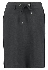 Ciemnoszara spódnica z elastycznym pasem, z bocznymi panelami z siateczki. Materiał ma gładką fakturę i dopasowany krój z srebrnymi elementami wykończenia.