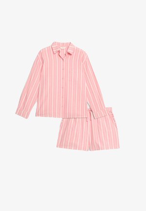 Rosa gestreiftes Pyjama-Set mit einem langärmligen Hemd mit Knöpfen und Shorts. Das Hemd verfügt über eine Brusttasche und kontrastierende weiße Streifen.