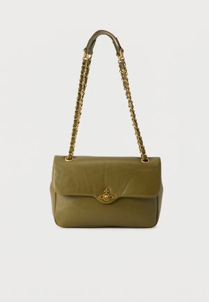 Olive green leather shoulder bag with gold-tone chain strap and logo clasp on front flap closure against a white background.