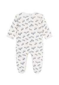 Romper per neonati a maniche lunghe realizzato in morbido tessuto bianco, con un motivo a strisce di zebra blu navy ripetuto e design con piedini chiusi.