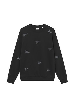 Black sweatshirt with a round neckline, featuring small gray triangle patterns. Made of a soft material, with ribbed cuffs and hem.