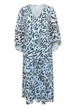 Robe fluide en tissu léger avec un imprimé animal bleu et noir, un décolleté en V et des manches ballons.