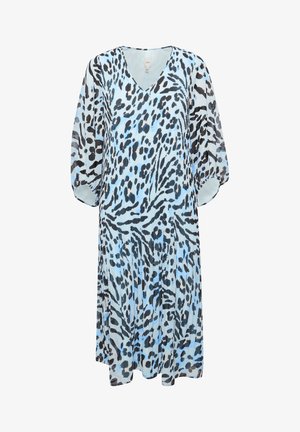 Robe fluide en tissu léger avec un imprimé animal bleu et noir, un décolleté en V et des manches ballons.