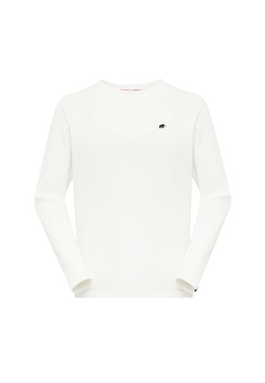Witte geribde longsleeve shirt met een ronde hals en een klein zwart logo op de linkerkant van de borst. Smalle textuur met aansluitende mouwen.