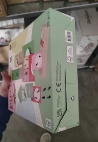 Papskasse med farverige dyregrafikker. Den har en grøn bund med pink, hvid og beige accenter. Etiketten angiver, at der er 30 dele indeni.