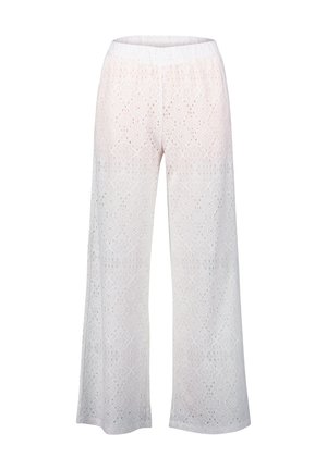 Lace palazzo pants in white with a diamond pattern and an elastic waistband. Lightweight fabric with a semi-sheer texture.