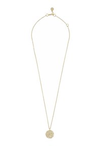 Guldhalsband med en texturerad cirkulär berlock. Kedjan är tunn och berlocken har en spetsliknande design med intrikata detaljer.