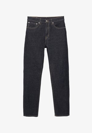 Temno modri jeans s ravnim krojem, petimi žepe, petimi zankami za pas in vidnimi poudarki v kontrastni zlati barvi.