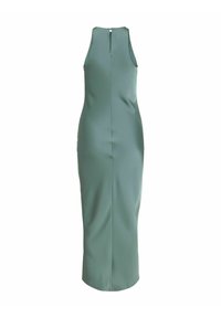 Robe longue ajustée sans manches à col montant en vert sourd avec fermeture éclair au dos et texture de tissu lisse.